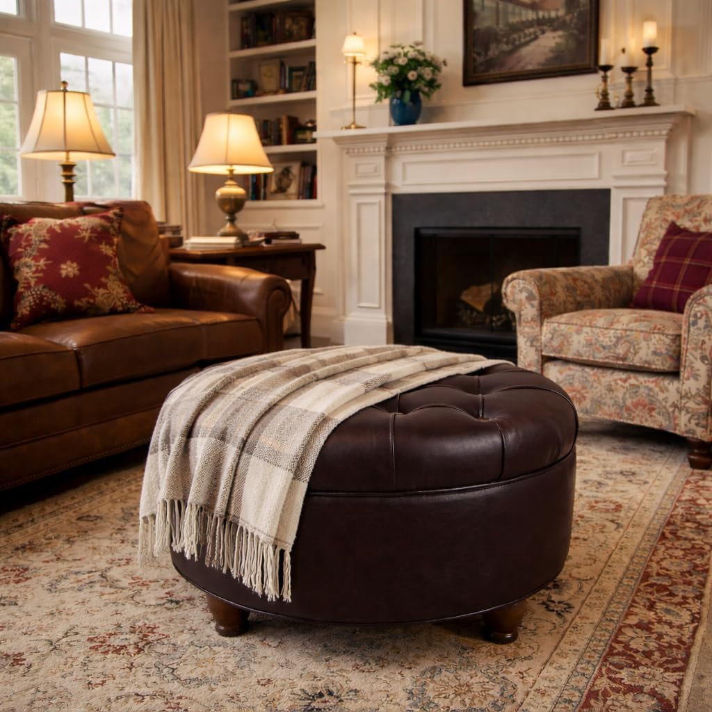 HomePop Tufted Round Faux Leather Ottoman