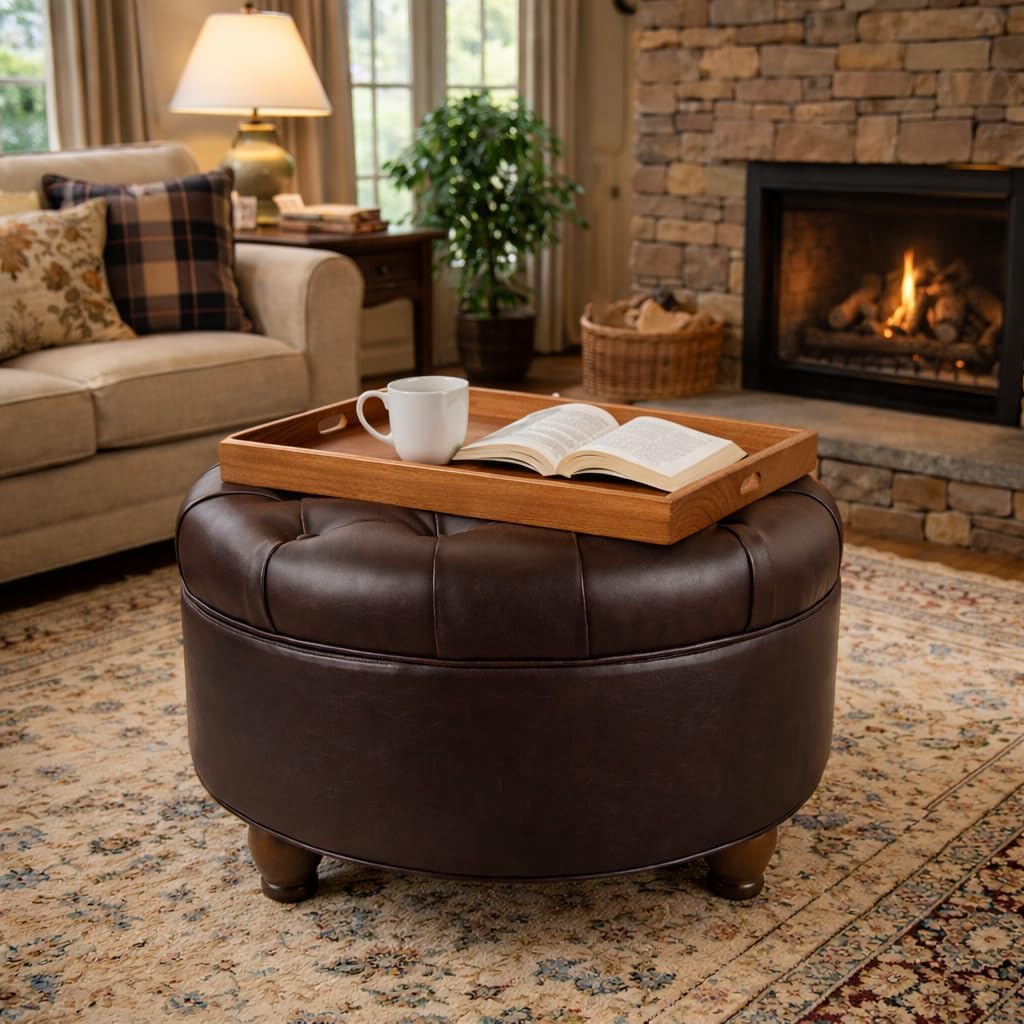 HomePop Tufted Round Faux Leather Ottoman