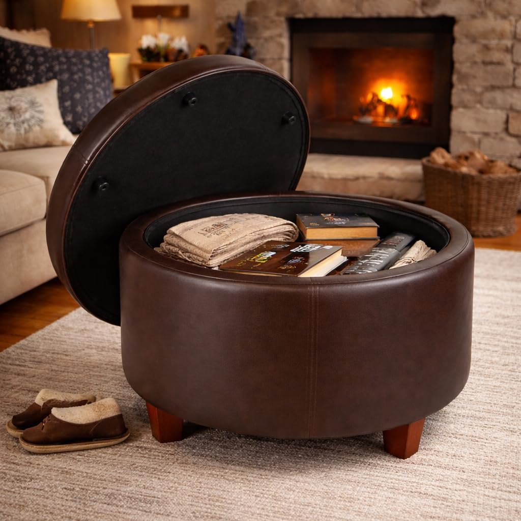 HomePop Round Leatherette Storage Ottoman