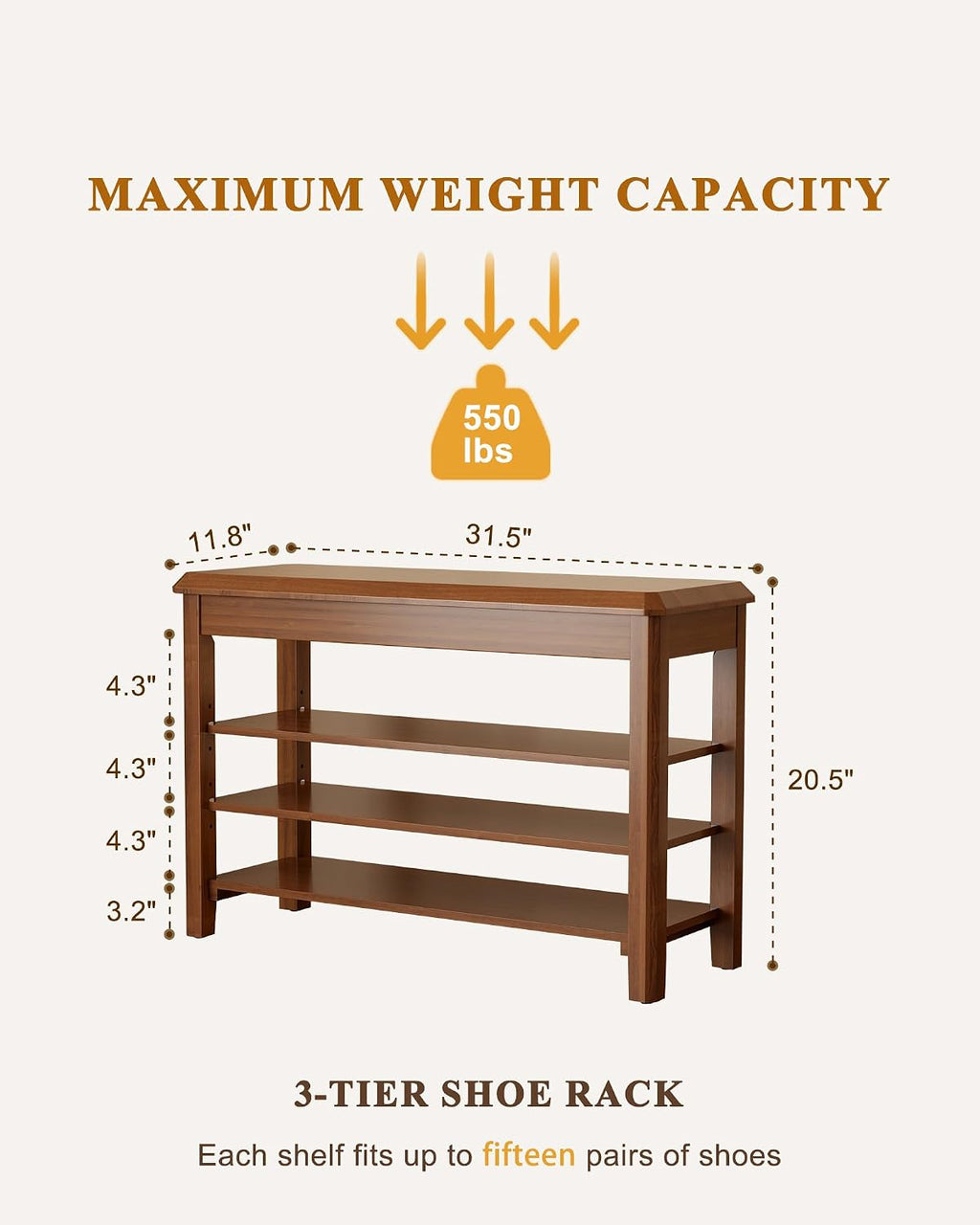 Mid-Century Rubberwood 3-Tier Shoe Rack Bench