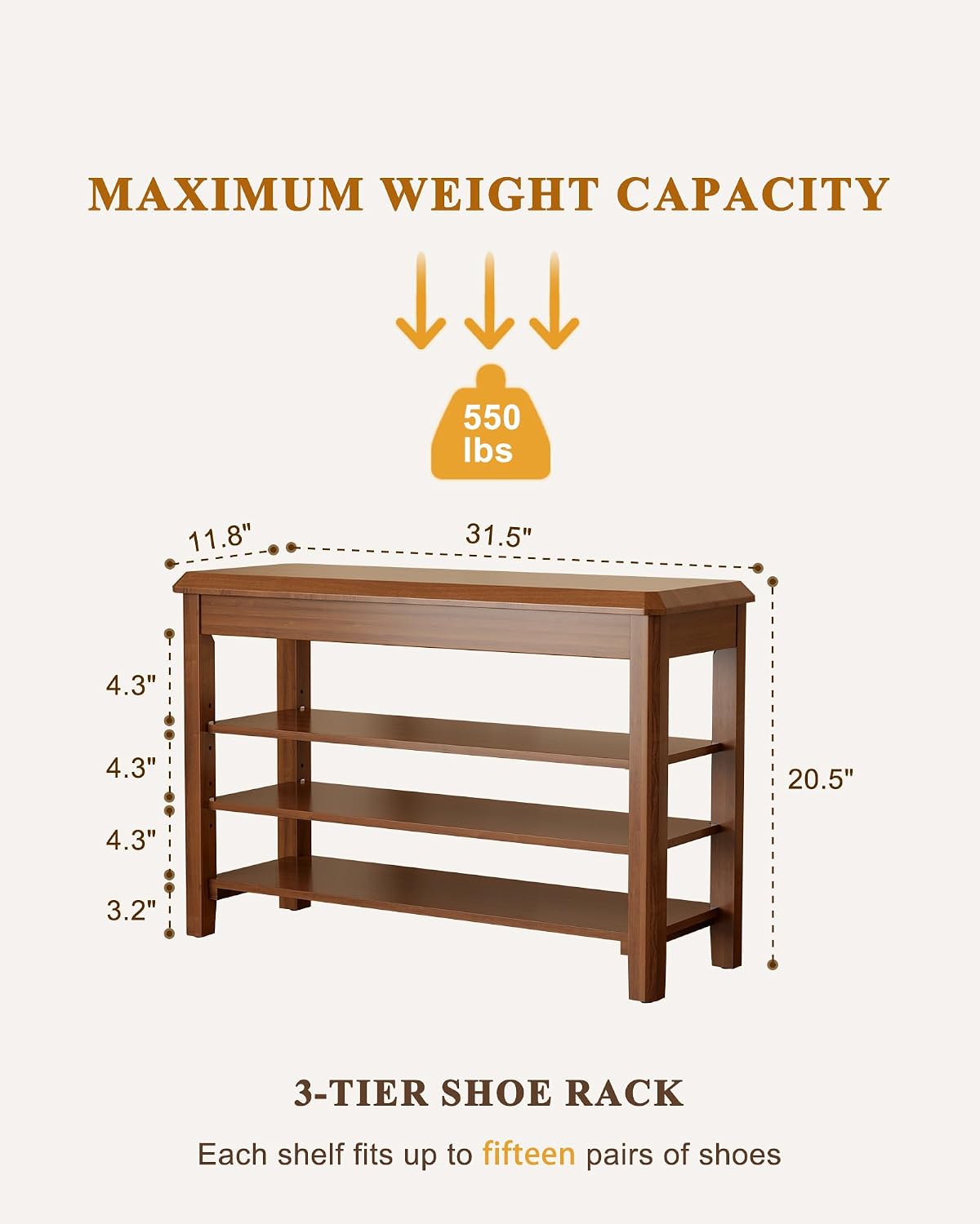 Mid-Century Rubberwood 3-Tier Shoe Rack Bench