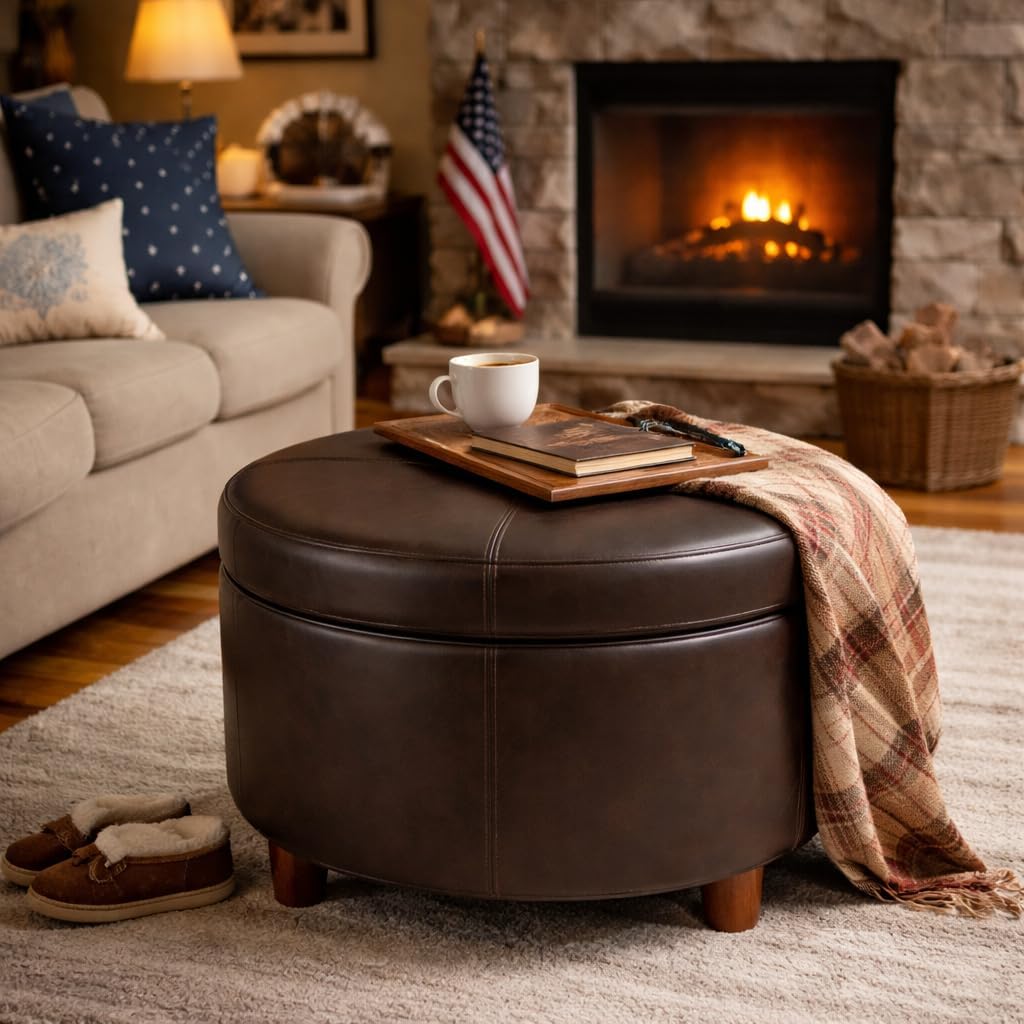 HomePop Round Leatherette Storage Ottoman