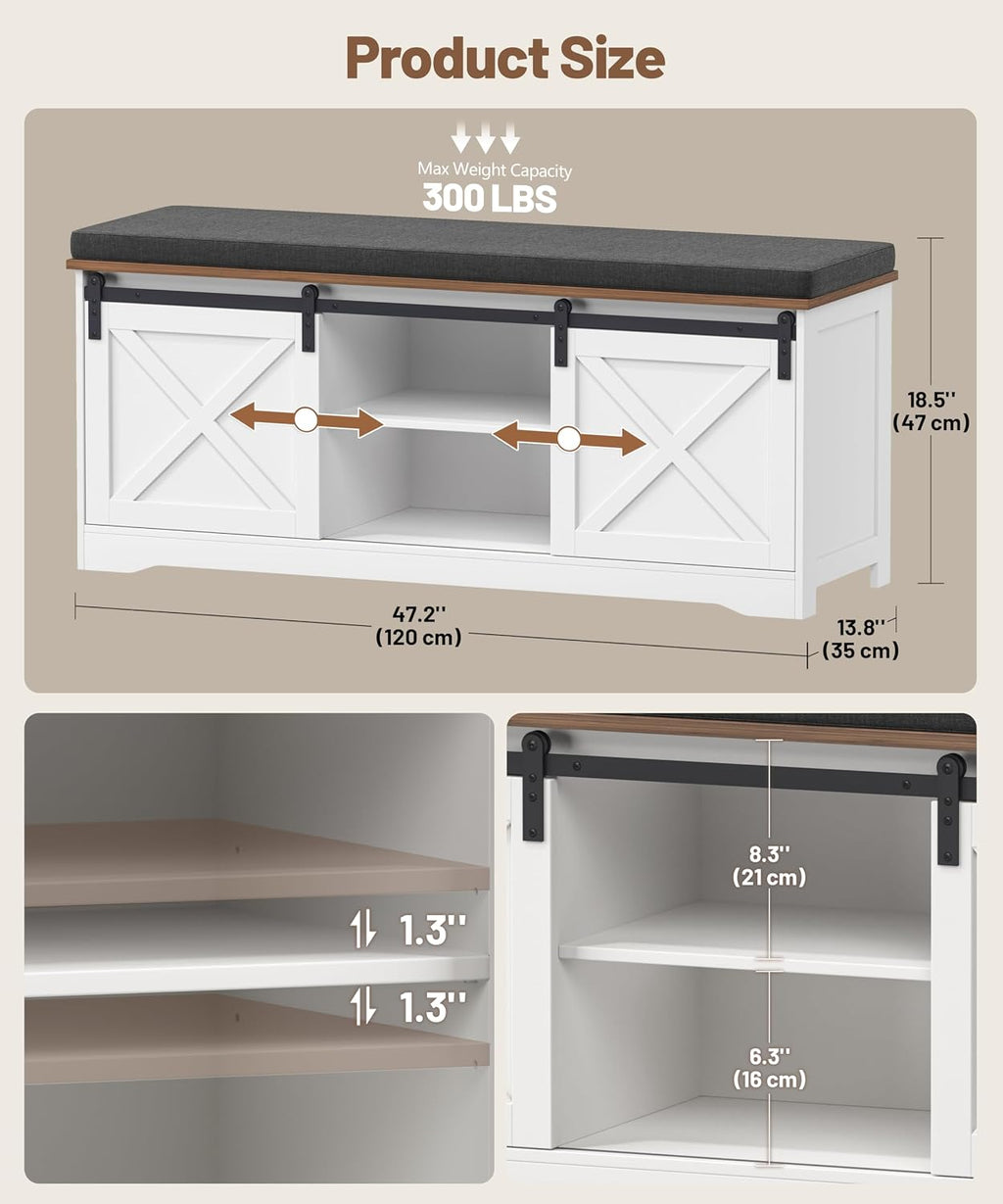 Barn Door Cushioned Shoe Storage Bench