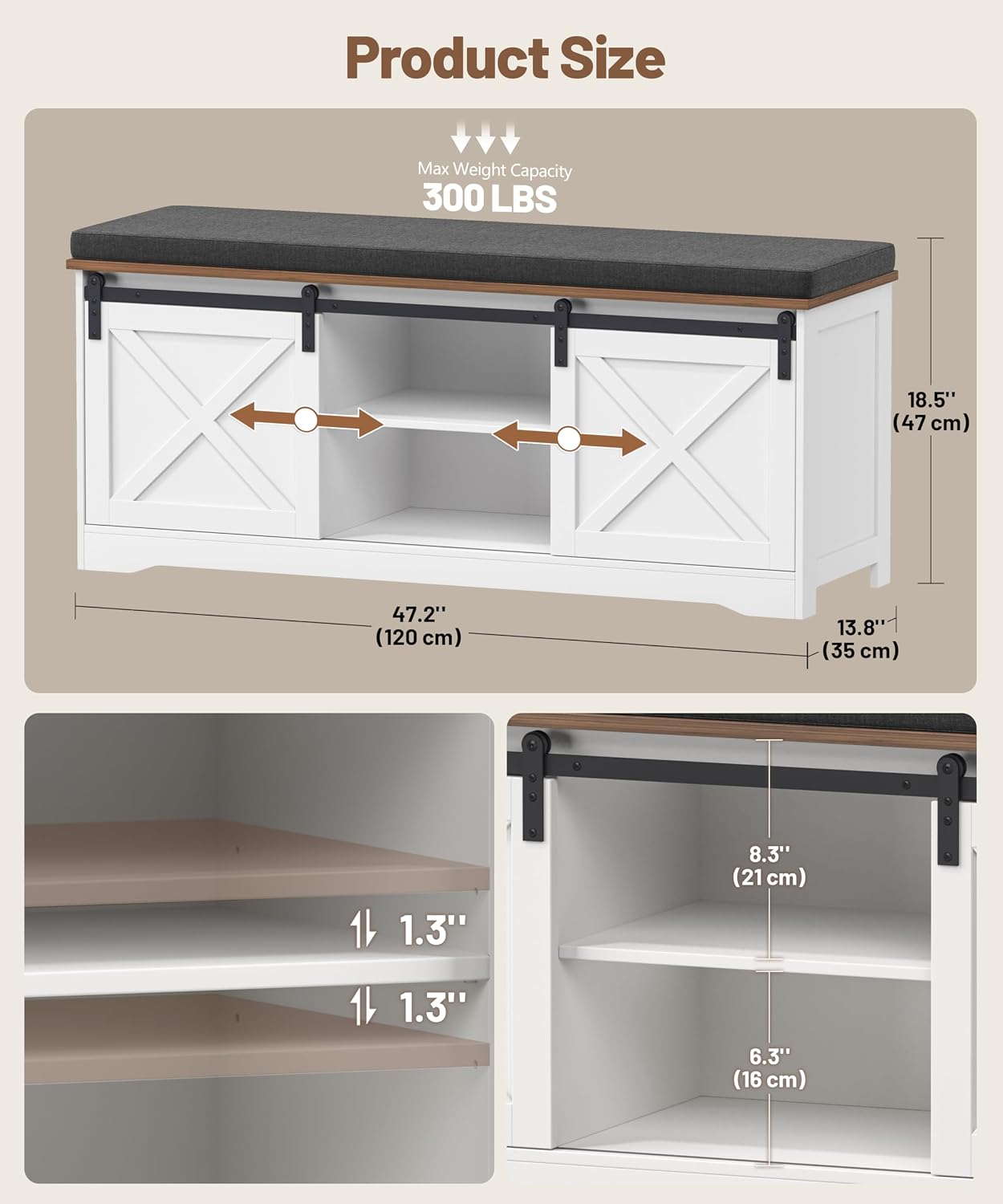 Barn Door Cushioned Shoe Storage Bench