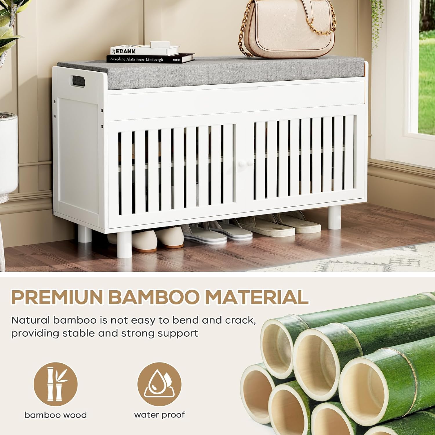 Bamboo Cushioned Storage Shoe Bench