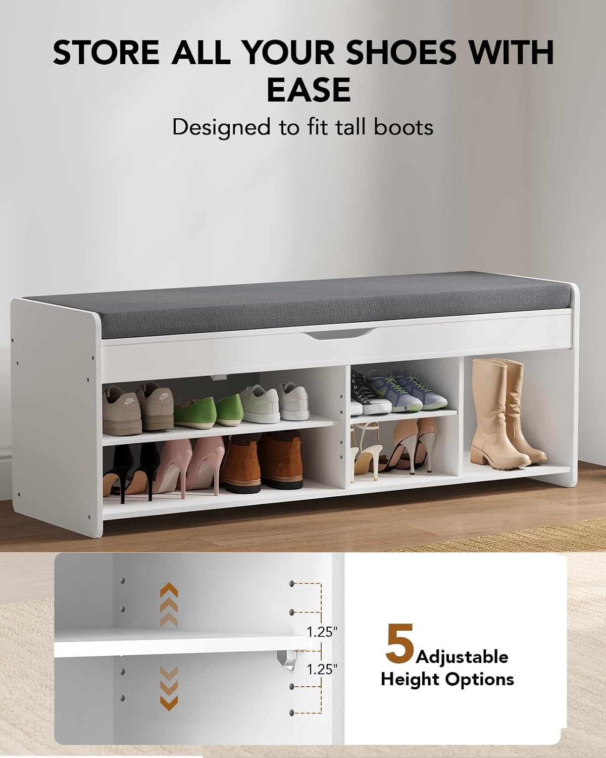 Amada Lift Top Cushioned Shoe Storage Bench
