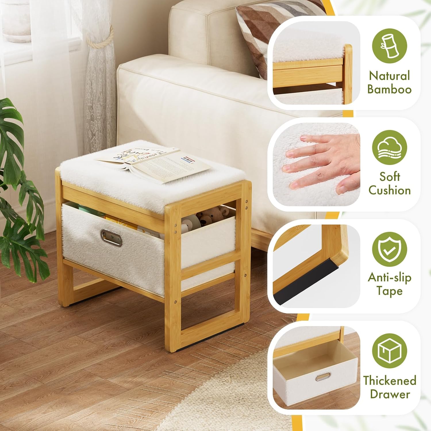 Bamboo Drawer Storage Ottoman