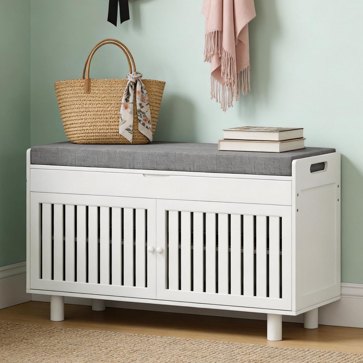 Bamboo Cushioned Storage Shoe Bench