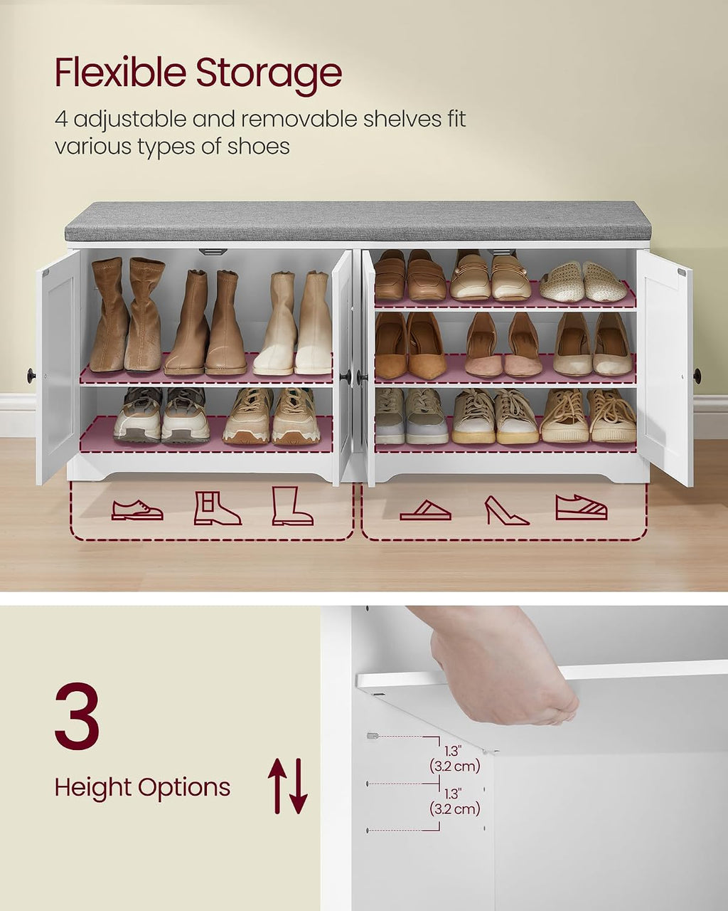 3-Tier Cushioned Shoe Storage Bench