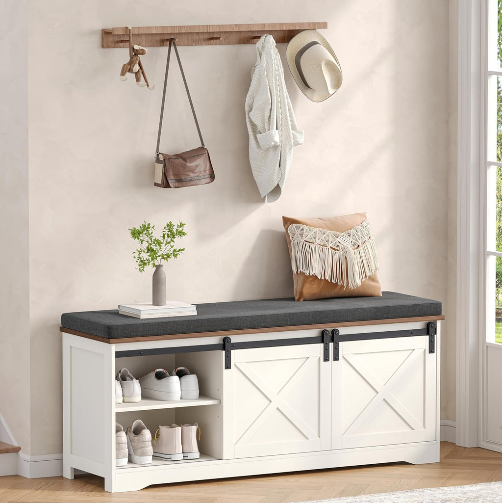 Barn Door Cushioned Shoe Storage Bench