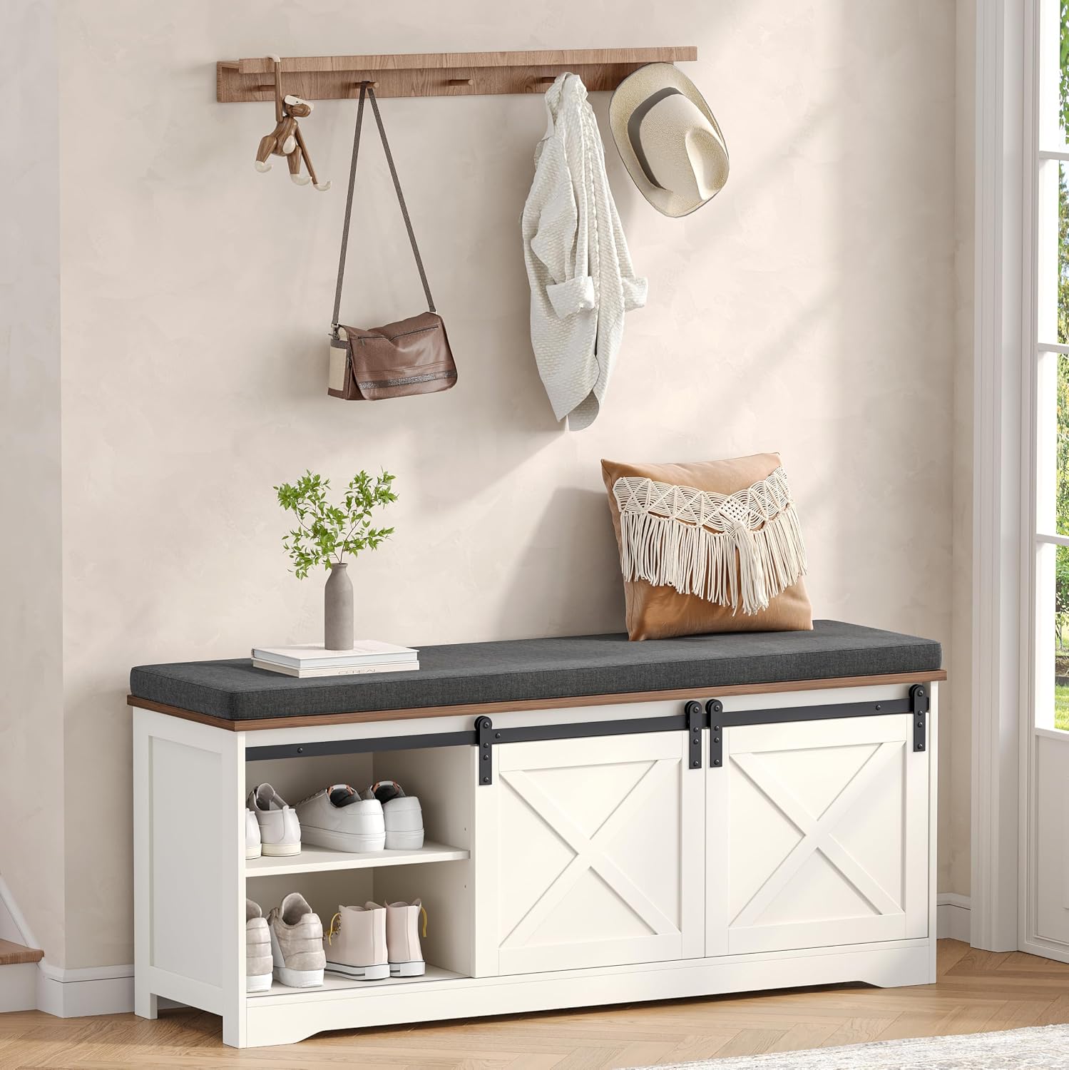 Barn Door Cushioned Shoe Storage Bench