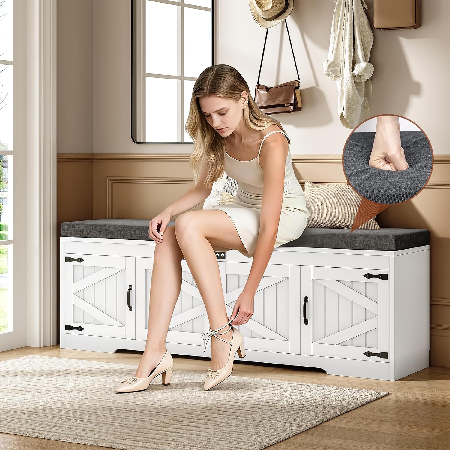 60 Inch Farmhouse Cushioned Shoe Bench