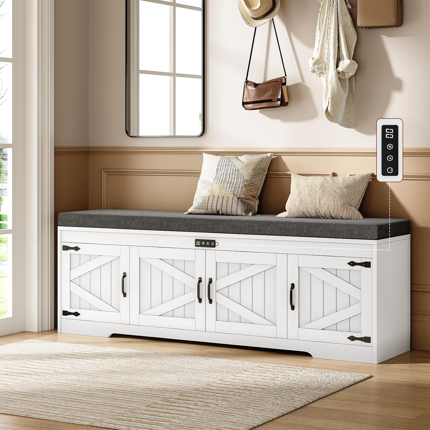 60 Inch Farmhouse Cushioned Shoe Bench