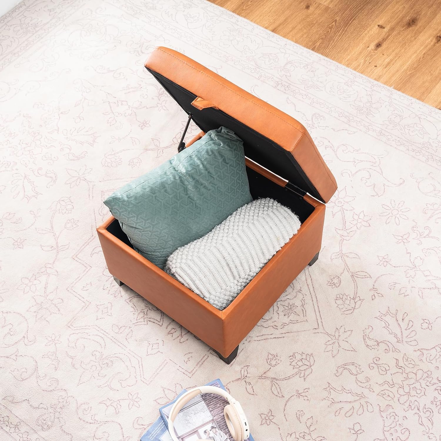 Asense Square Faux Leather Storage Ottoman