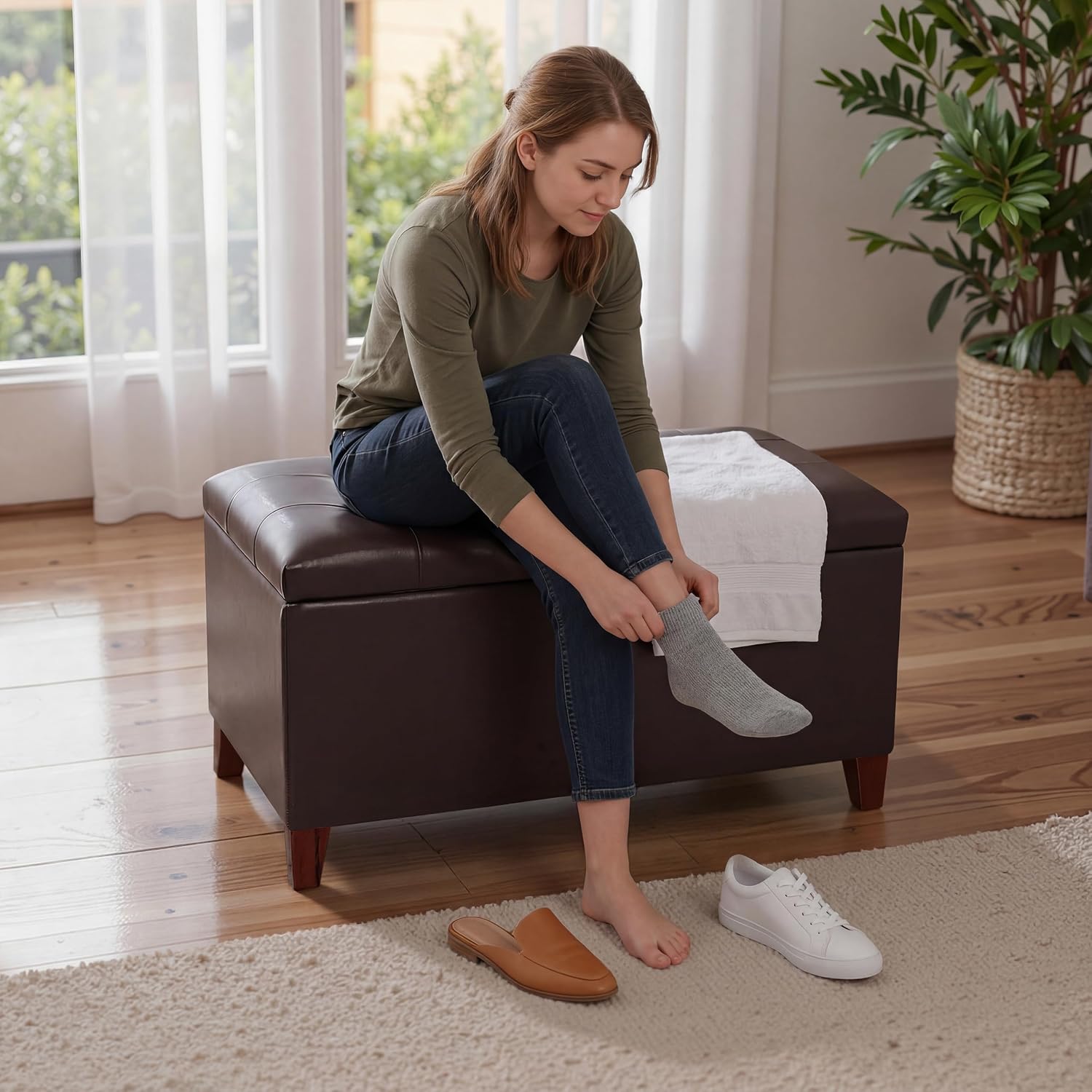 Joveco Tufted Faux Leather Ottoman Bench