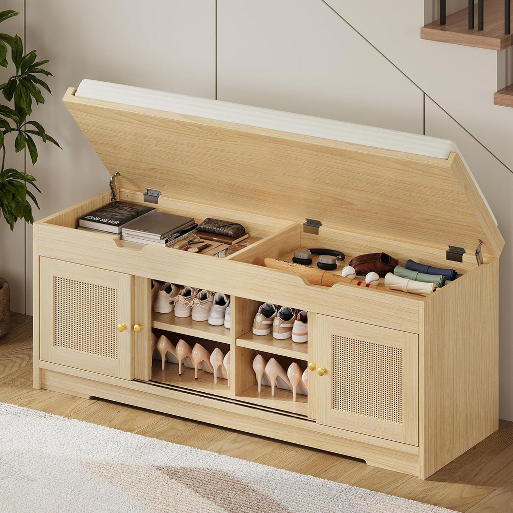 Rattan Lift Top Cushioned Shoe Bench