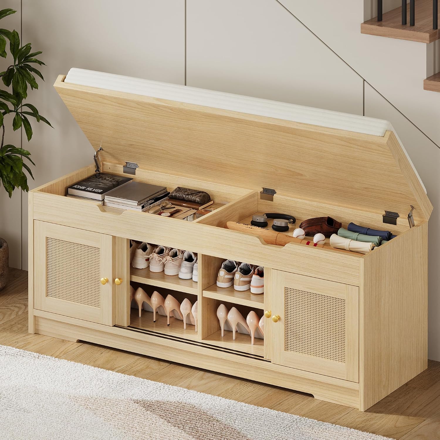 Rattan Lift Top Cushioned Shoe Bench