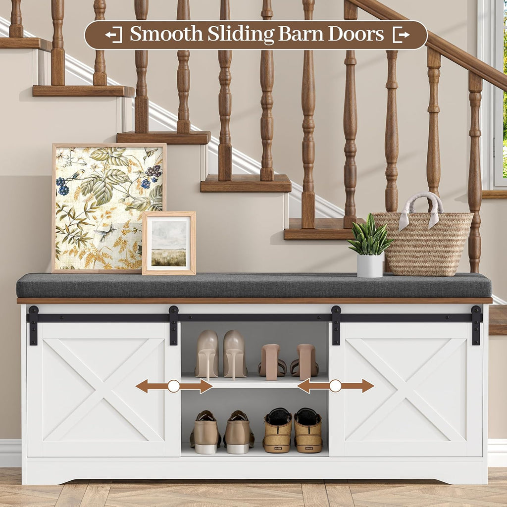 Barn Door Cushioned Shoe Storage Bench