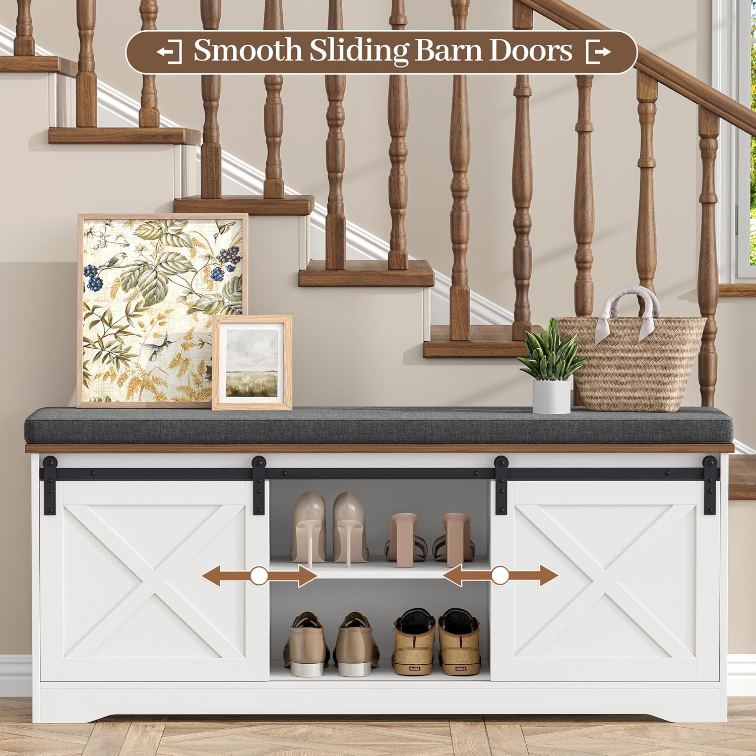 Barn Door Cushioned Shoe Storage Bench