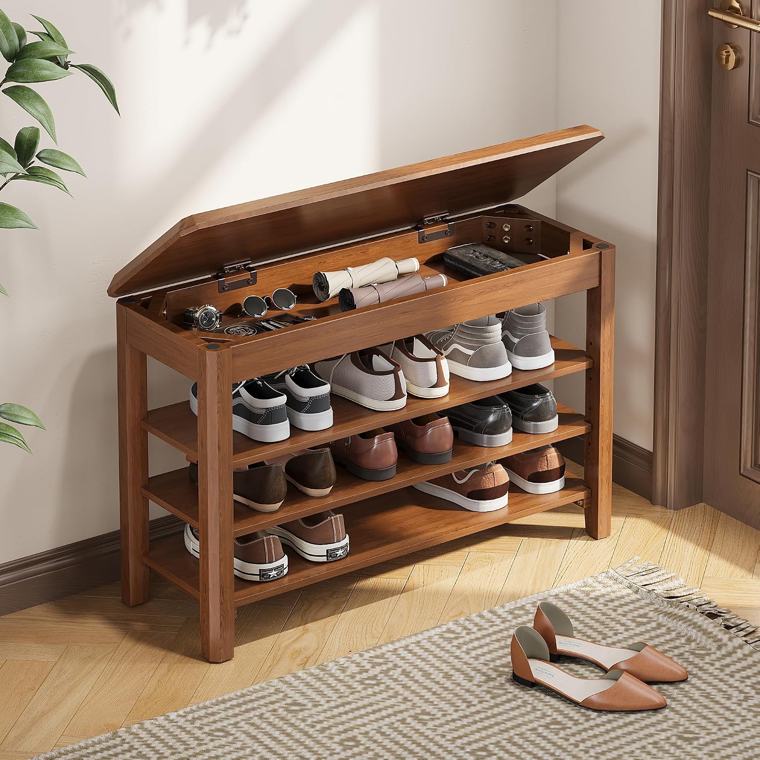Mid-Century Rubberwood 3-Tier Shoe Rack Bench