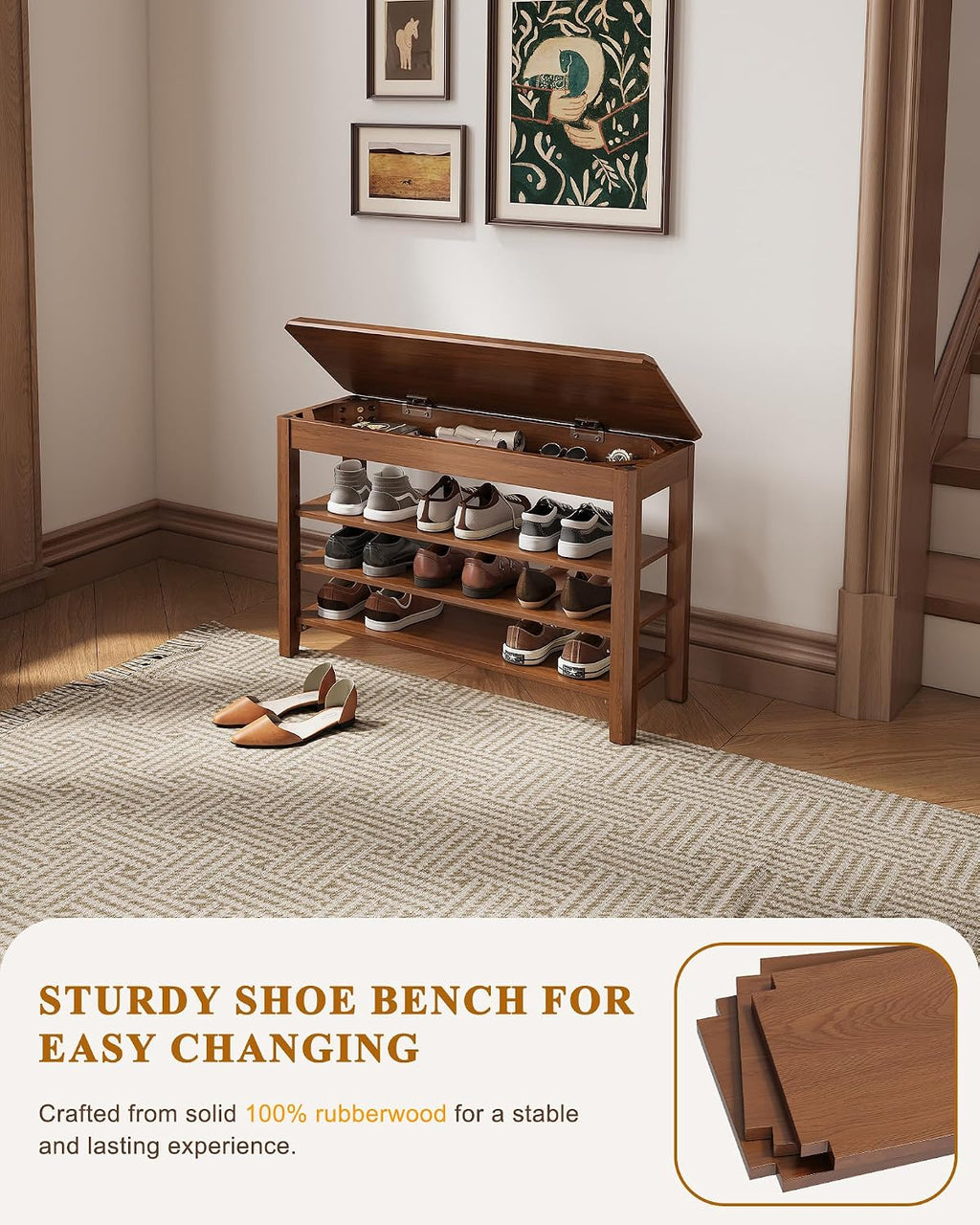 Mid-Century Rubberwood 3-Tier Shoe Rack Bench