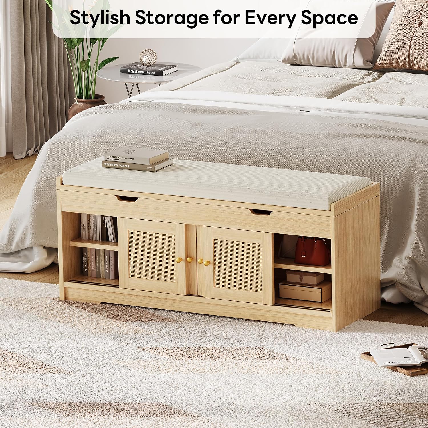 Rattan Lift Top Cushioned Shoe Bench
