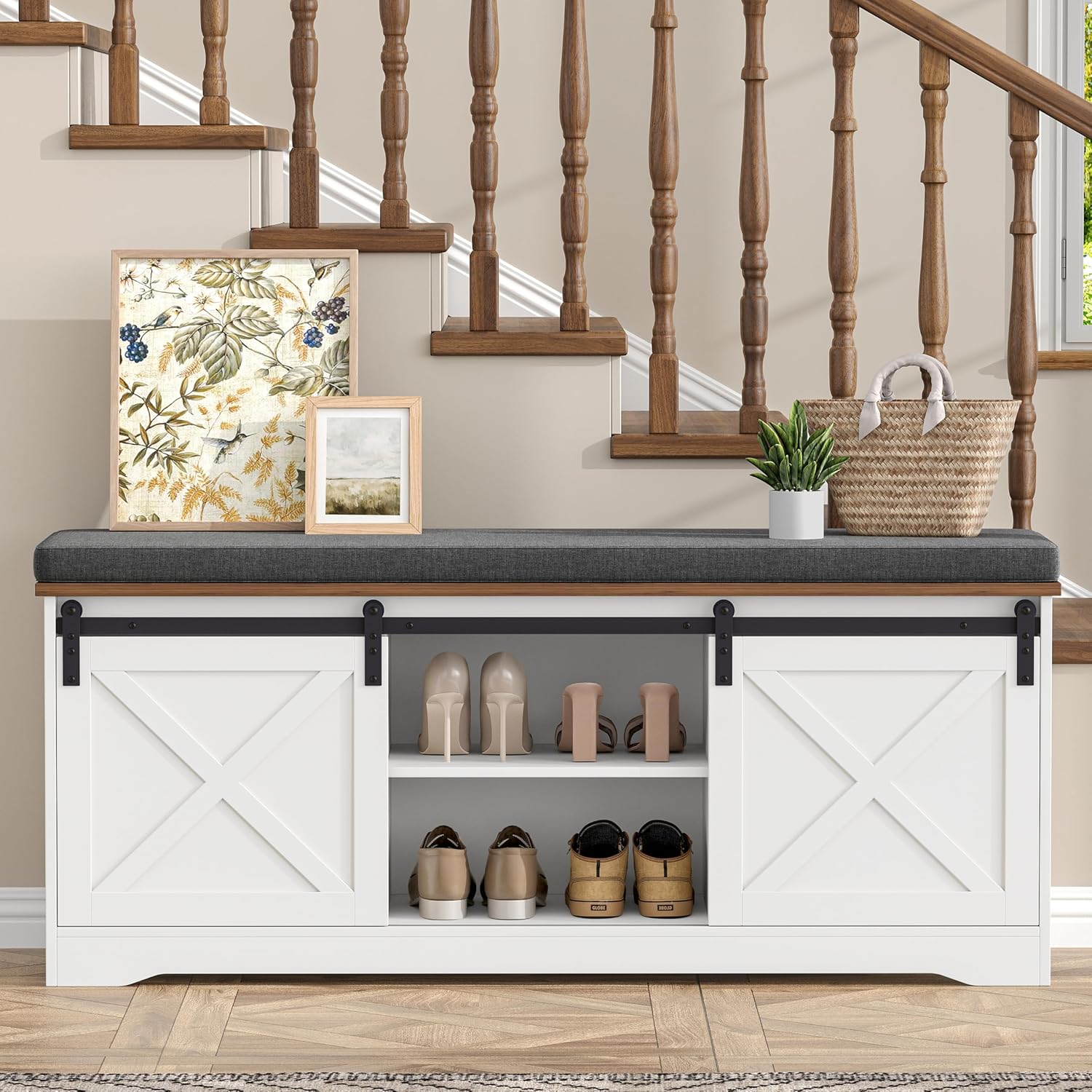Barn Door Cushioned Shoe Storage Bench