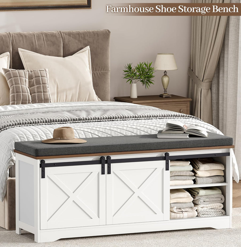 Barn Door Cushioned Shoe Storage Bench