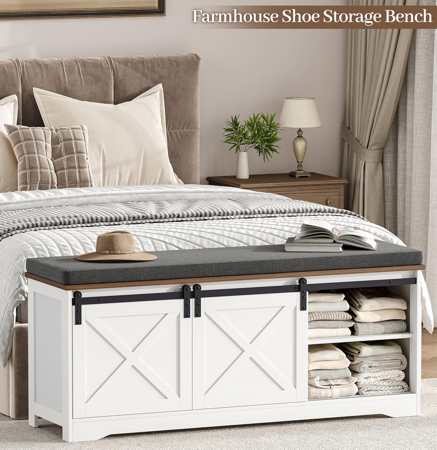 Barn Door Cushioned Shoe Storage Bench